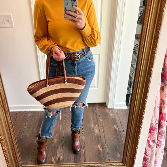 Brown Tan Striped Straw Bag Zipper Closure Double Straps - Picture 4 of 10